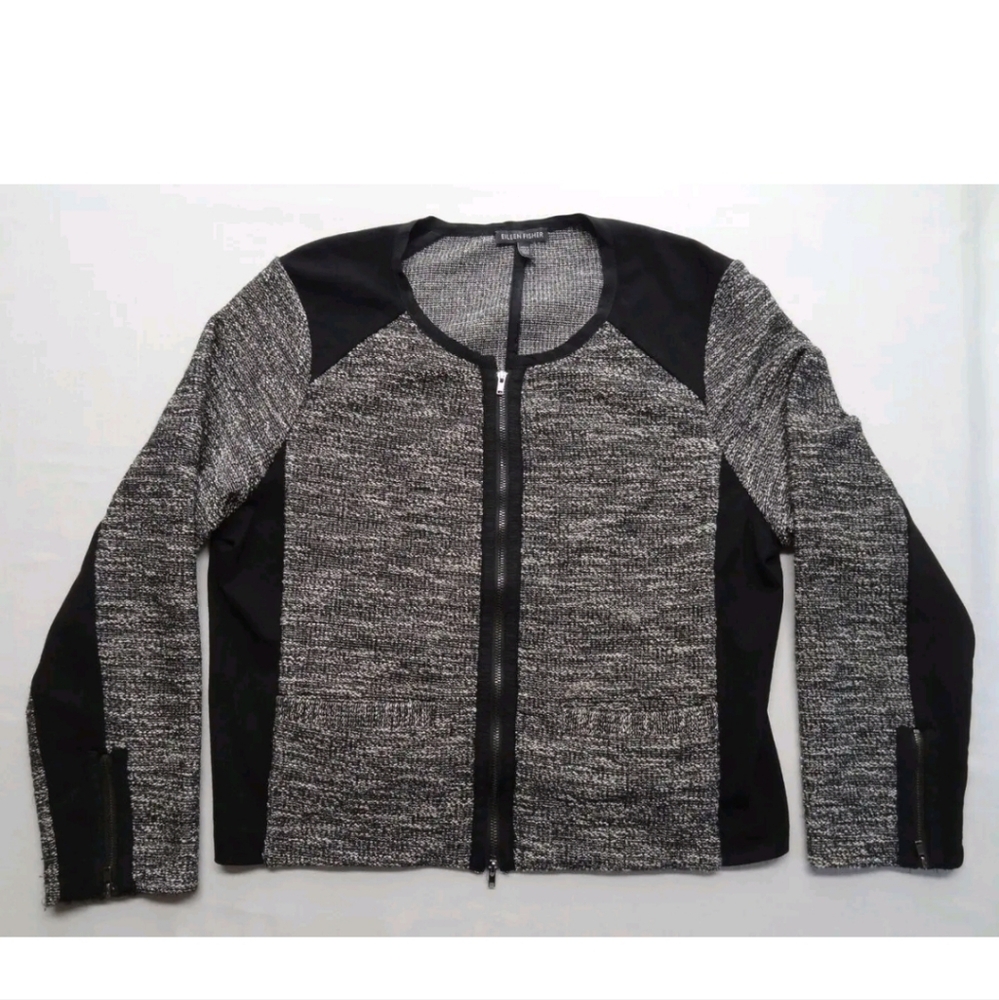Eileen Fisher L Slub Woven Dual Full Zip Italian Knit Fabric Coat Jacket Sweater